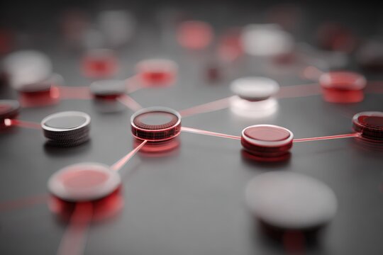 Blockchain token transfer path visual with abstract coin icons, crimson and sky gray 