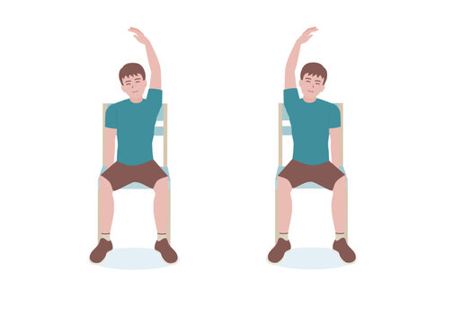 Exercises that can be done at-home using a sturdy chair.
With the right hand, grip the right side of the seat. Extend the left hand above the head making of a &ldquo;C&rdquo; with Seated Side Stretch posture. 