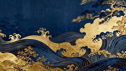 Traditional Japanese wave and cloud motif with gold and blue tones