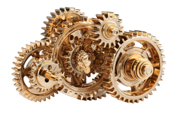 A detailed rendering of a complex, golden gear system against a transparent backdrop, showcasing intricate mechanical design and metallic luster.