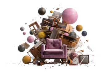A complex 3D rendering features a lavender vintage armchair surrounded by a chaotic arrangement of debris, wooden fragments, and colorful spheres against a transparent background.