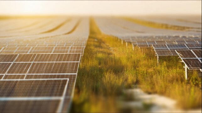 installation. Solar panels in a sunlit field, representing sustainable energy and environmental care. ESG reports, sustainability campaigns, designed for environmental awareness campaigns.