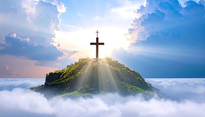 Fototapeta premium The holy cross symbolizes the death and resurrection of Jesus Christ, with the sky above the Mount covered in light and clouds. The concept of the apocalypse.