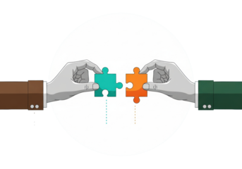 Stylized grayscale hands with brown and green cuffs hold vibrant teal and orange puzzle pieces interlocking against a light blue background with a white circle, symbolizing teamwork and synergy