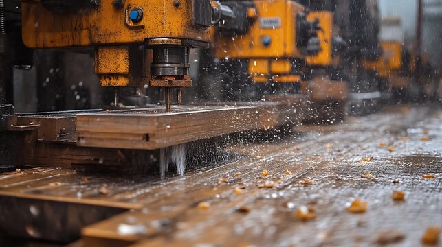 Close-up of industrial woodworking machines.  Water spray and wood chips - Powered by Adobe