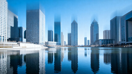 Fototapeta premium Modern city skyline reflected in calm water under clear blue sky