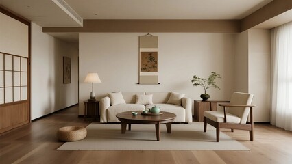 Fototapeta premium Minimalist living room with wooden furniture, neutral tones, and natural light