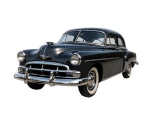 An isolated black classic car with chrome details on a transparent background, perfect for automotive design projects. The vehicle showcases vintage styling and intricate detailing.