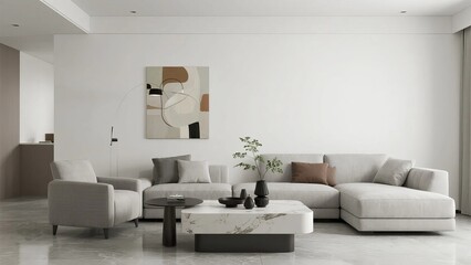 Fototapeta premium Modern minimalist living room with neutral tones, abstract artwork, and contemporary furniture
