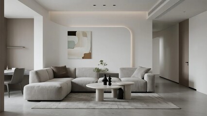 Modern minimalist living room with neutral tones, sectional sofa, and abstract wall art