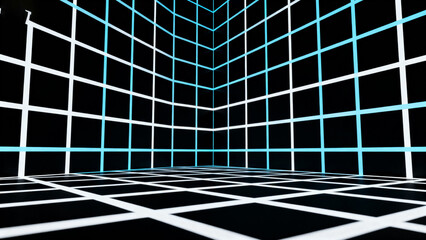 Abstract digital grid room with glowing blue lines on black background
