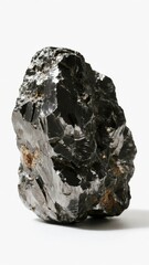 A close-up of a rough, metallic mineral specimen with reflective surfaces and dark inclusions.