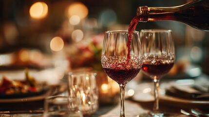 Red wine elegantly pouring into crystal glasses in a sophisticated dining setting with soft overhead lighting.