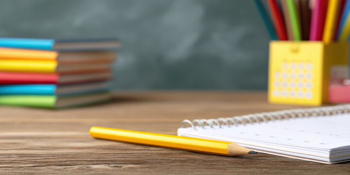 close-up view of a yellow pencil and a spiral notebook on a wooden surface, with colorful notebooks and a pencil holder in the background.
