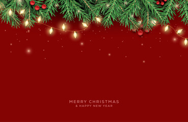 Christmas decoration border with fir branches and golden glitter confetti and sparkles of lights on background. Bright Christmas and New Year design holiday frame. Creative vector illustration.