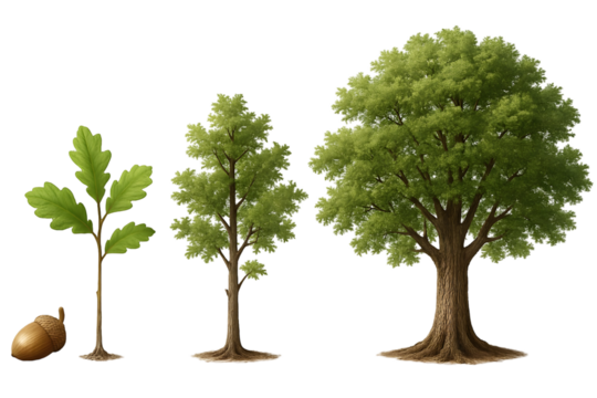 The image shows the stages of an oak tree from acorn to mature tree with detailed foliage and bark, set against a transparent backdrop perfect for design integration.