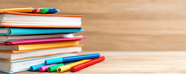Obraz premium colorful stack of notebooks accompanied by vibrant pens, showcasing a creative workspace ready for study or artistic endeavors.