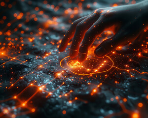 Futuristic human hand projecting an upward line graph, fintech visualization, glowing HUD, dark sci-fi background, volumetric light