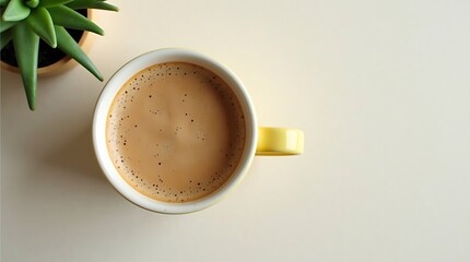 Top view coffee cup with plant aesthetic morning coffee break minimal flat lay coffee photography