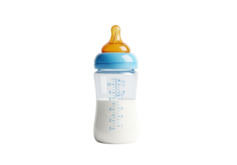 Clear plastic baby bottle with light blue neck, golden-orange nipple, white milk, markings, on pristine transparent studio background with copy space, concept of infant feeding and hygiene