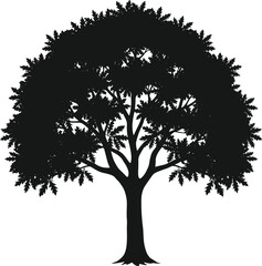 Stylized tree silhouette with rounded leafy canopy, black vector illustration, nature concept, botanical design, isolated artwork for seasonal use