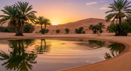 Sunrise over a tranquil oasis in the desert, with palm trees reflecting in a calm pool of water.