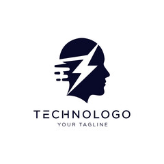 Silhouette of a human head with a lightning bolt, representing technology and innovation.