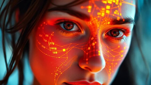 Facial Recognition Technology Analyzes a Woman's Face with an Advanced Mapping System. 4k video