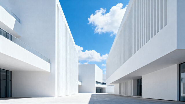 Modern white architectural buildings with clean lines and open courtyard under a bright blue sky - Powered by Adobe