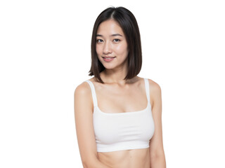 Young woman posing in a white top against a plain background during daytime