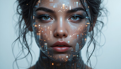 Stunning portrait of a woman's face overlaid with futuristic digital circuits and glowing cityscapes, embodying AI and advanced technology.