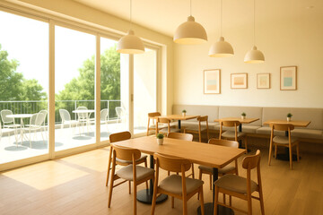 明るいテラス付きのカフェ