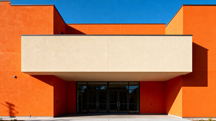 Modern orange building with beige overhang and glass entrance under clear blue sky