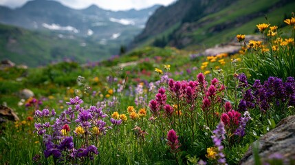 Obraz premium A field of wildflowers with a mountain in the background