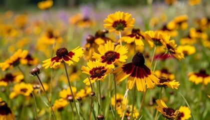 Close-up of vibrant wildflowers with yellow petals and dark maroon centers, blooming in a sunny meadow. Blurry green background