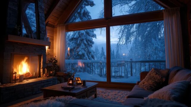 Cozy cabin retreat at night with a warm fireplace and serene snowy landscape outside the large windows