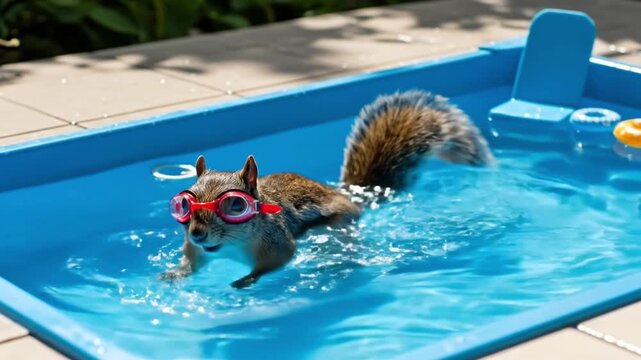 A curious squirrel wearing pink goggles enjoys a refreshing swim in a kiddie pool