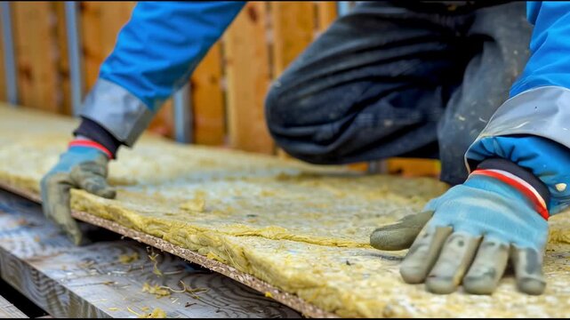 Worker installing sustainable insulation panels with careful attention to detail, using eco-conscious techniques and materials for energy-efficient building projects at a green construction site.