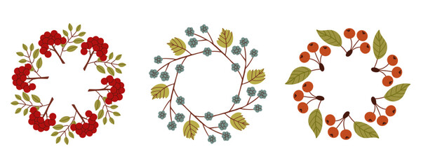 Set of Round frame made of berries and leaves. Woodland wreath. Elegant floral seamless pattern. Template with copy space for wedding invitations and greeting cards. Vector stock illustration.