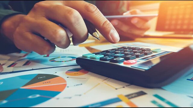 Contemporary financial analysis scene featuring pen, calculator, smartphone, and laptop under golden light, emphasizing integration of digital and analog tools for accurate budgeting and planning.