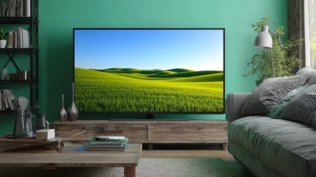 View of a modern living room featuring a large television screen displaying a vibrant green background, complemented by stylish decor and a soothing color scheme