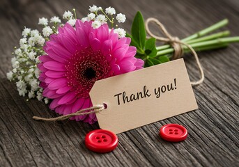 A heartfelt thank you with a bouquet of vibrant pink gerbera and delicate white flowers on wood.

