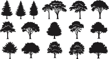 Tree silhouette set with diverse shapes and canopy styles, black vector icons for nature, landscape design, botany, and illustration use.