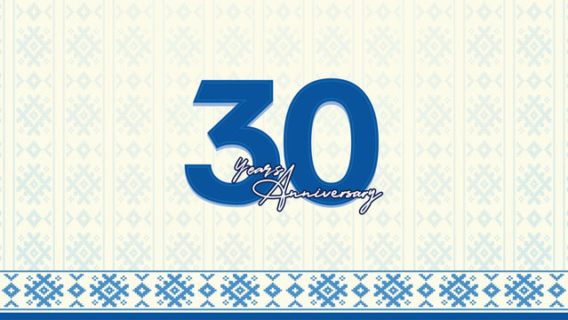 30 Years Anniversary Celebration logo number 30th with blue on nice soft jamdani pattern, 3D vector illustration