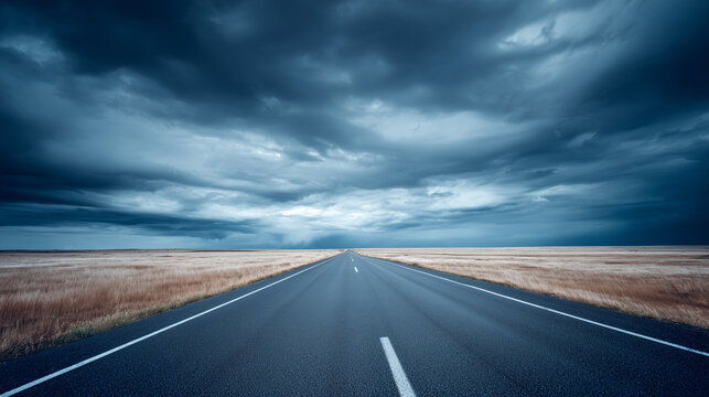 Empty asphalt road stretching into the distance under a dramatic cloudy sky, panoramic view with a subtle vanishing point, open and serene landscape