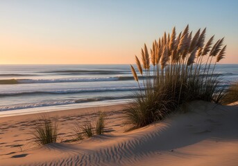 Sunset on sandy beach with ocean and dunes