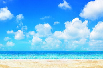 Sea beach, turquoise ocean water, paradise tropical island, beautiful exotic nature panorama landscape, golden sand, blue sunny sky white clouds, summer holidays, vacation, travel banner, copy space