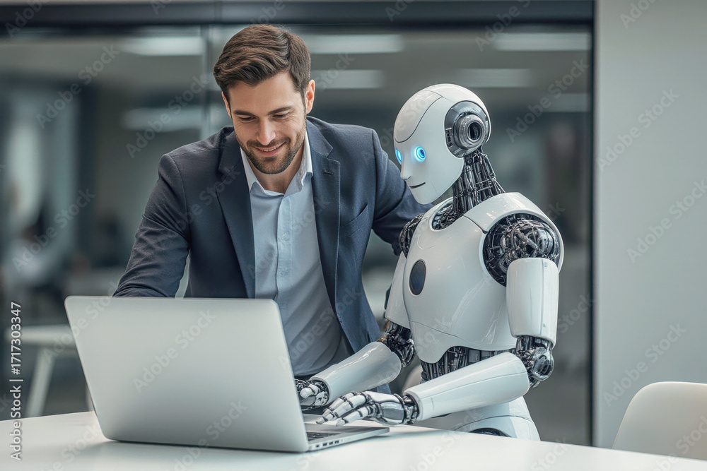 Wall mural man and ai humanoid robot using laptop work together and collaborating, symbolizing ai agent partner