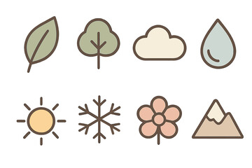 Fototapeta premium Natural elements icons in retro flat style on wooden background