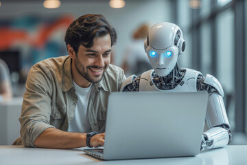 Man and AI humanoid robot using laptop work together and collaborating, symbolizing AI agent partnership help job and work with AI